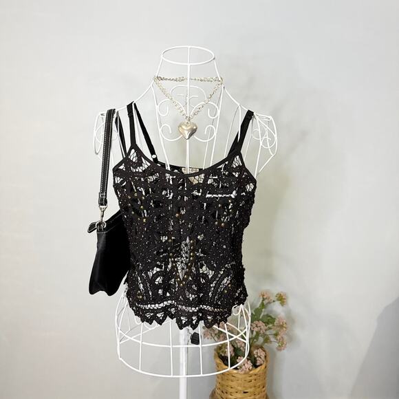 Gorgeous vintage free people black beaded lacy crochet tank top - Picture 1 of 6